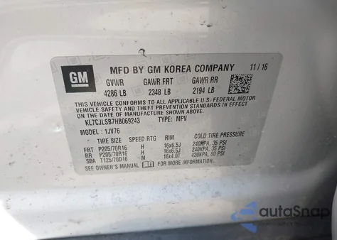 2017 Chevrolet Trax Lt из США, поврежденный, VIN KL7CJLSB7HB069243